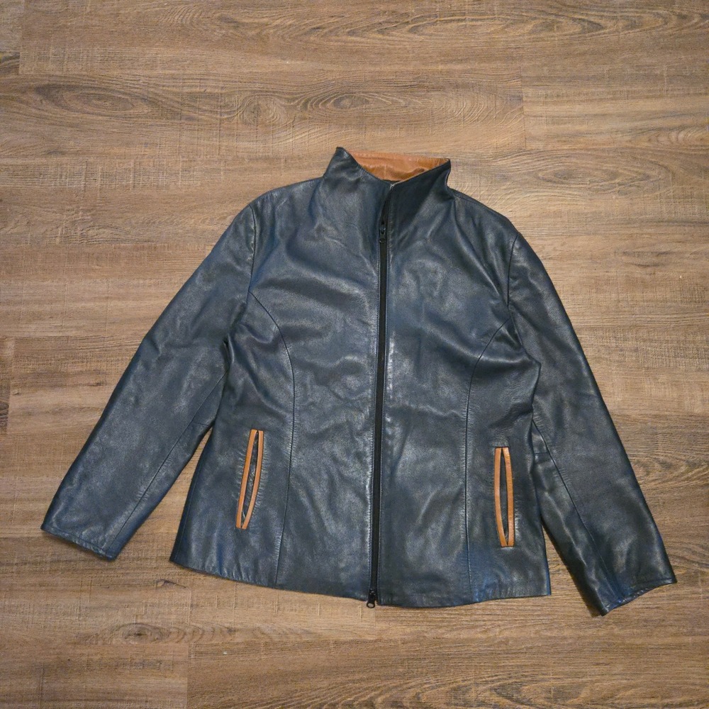 VTG Vera Pelle Leather Jacket Sz 50 Navy Blue Women Contrast Trim Made In Italy